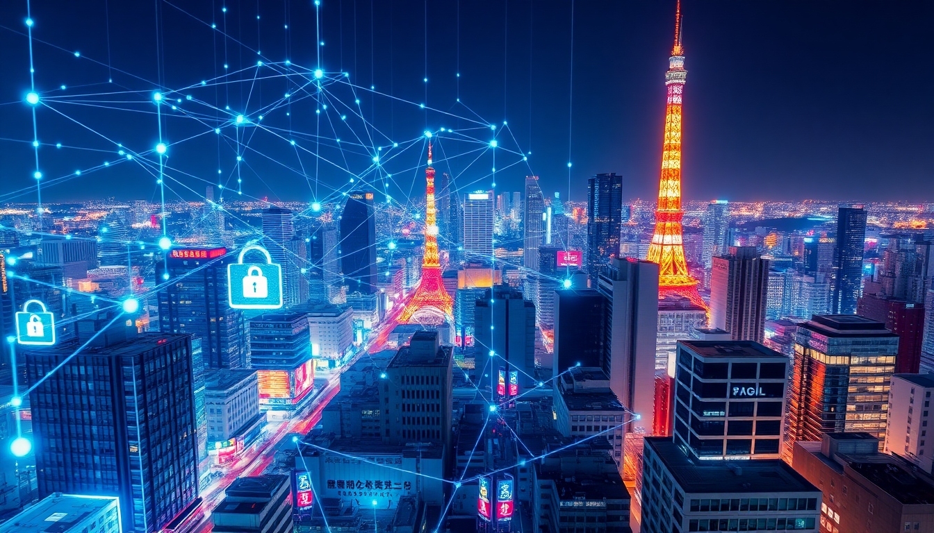 東京のビジネス街に広がるデジタルセキュリティネットワークの視覚化、サイバーセキュリティインフラストラクチャー、最先端技術ハブ
